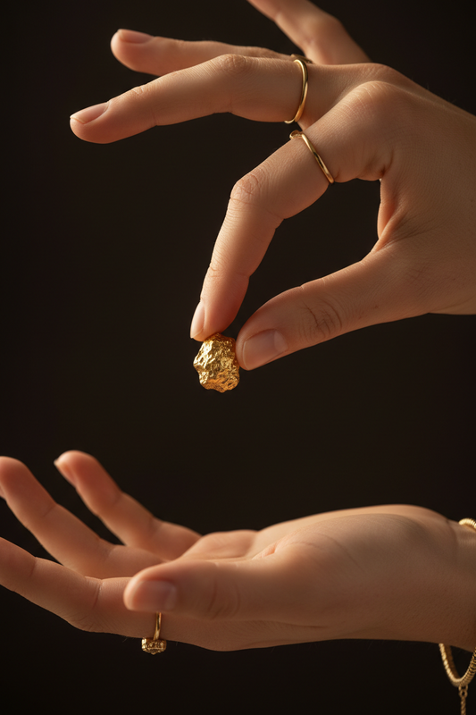 une pépite d'or est maintenu délicatement avec les deux premiers doigt de la main l'autre main se trouve dessous pour rattraper la pépite