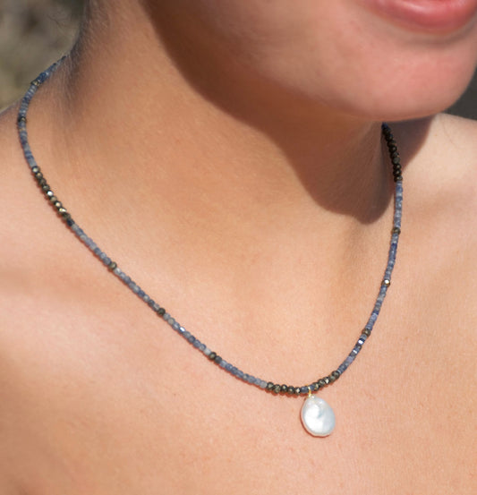 Collier Perles Saphir, Pyrite et Perle - Or Jaune 18 k
