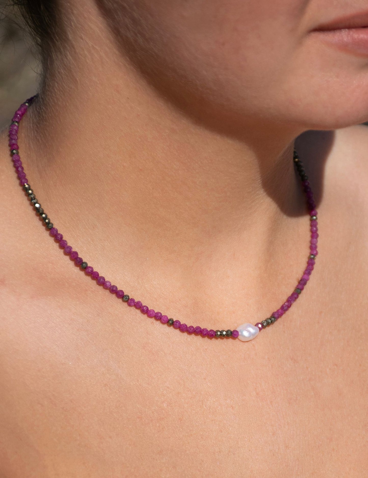 Collier Perle Rubis et Pyrite - Or Jaune 18 k